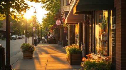 Sunlit Sidewalk in Front of Brick Building Storefronts