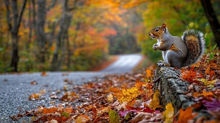 Obraz premium A squirrel sits on a log beside the road, surrounded by leaves and trees during autumn