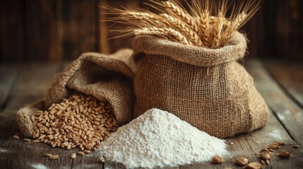 Wheat, Flour, and Grain on Rustic Wooden Background
