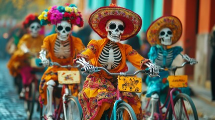 Fototapeta premium Skeletons Riding Bicycles in Colorful Costumes During Day of the Dead Celebration