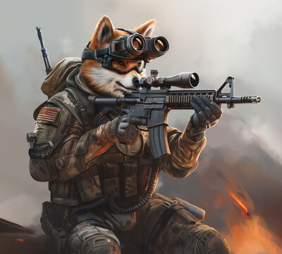 Anthropomorphic Shiba Inu soldier in tactical gear aiming a rifle, wearing goggles and American flag patch, set in a warzone with explosions in the background.