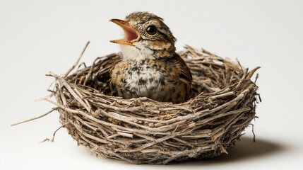 A young bird with brown and white feathers sits in a well-constructed nest, chirping against a plain white background.