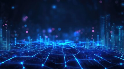 Naklejka premium Abstract digital city skyline with glowing lines and nodes.