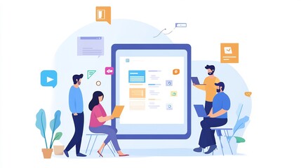 Four diverse people working together on a large digital screen with laptops.