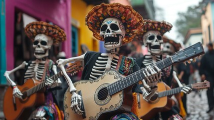 Fototapeta premium Skeletons Playing Guitars During Day of the Dead Celebrations
