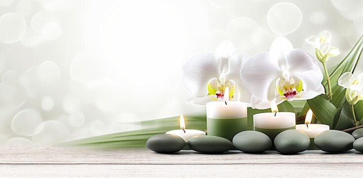 Zen Stones with Orchid and Candle on Spa Table, Gray and Green Background for Massage Salon Design Template, Beauty Treatment Concept