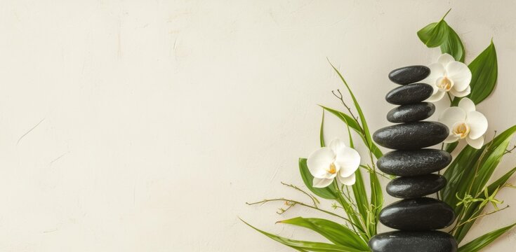 Zen Stones with Orchid and Candle on Spa Table, Gray and Green Background for Massage Salon Design Template, Beauty Treatment Concept