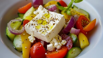 A Close-up of a Greek Salad with Feta Cheese, Tomatoes, Cucumbers, Red Onion, and Basil, Greek Salad, Feta Cheese