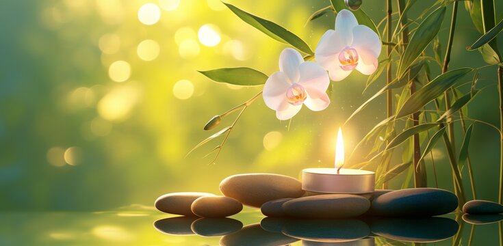 Zen Stones with Orchid and Candle on Spa Table, Gray and Green Background for Massage Salon Design Template, Beauty Treatment Concept