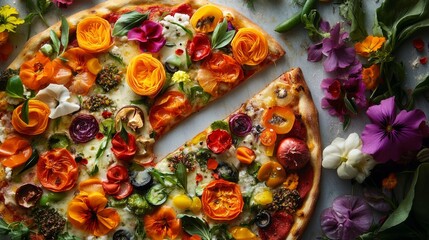 Fototapeta premium A Floral Symphony A Pizza Topped With Edible Flowers, Mushrooms, Tomatoes, and Herbs, Top View, Flower Pizza, Edible Flowers