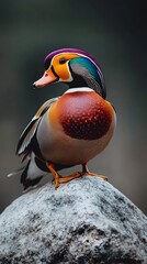 Mandarin Duck Bird in Nature, Photo Realistic, Wallpaper, Cover and Screen for Smartphone, PC, Laptop, 9:16 and 16:9 Format