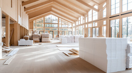 A spacious, modern building under construction, with wooden beams, large windows, and stacks of materials neatly arranged throughout the bright, sunlit interior.