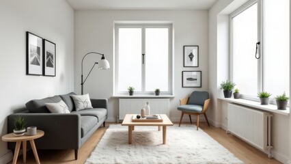 Fototapeta premium a living room with a couch, chair, coffee table and a window with a view of the city, Enguerrand Quarton, 3 d render, a 3D render, postminimalism, generative AI