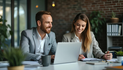 Fototapeta premium Busy Professional Businessman and Businesswoman Team Collaborating on Financial Project – Executive Leaders Working on Laptop in Office Meeting.
