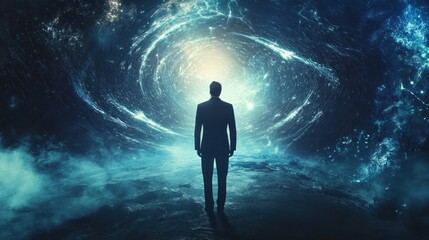 Silhouette of a Man Standing Before a Swirling Cosmic Vortex