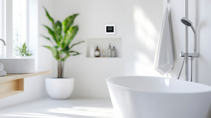 Fototapeta premium A modern, minimalist bathroom featuring a freestanding tub, shower, indoor plant, and wall shelves with stored toiletries. Soft natural light illuminates the space.