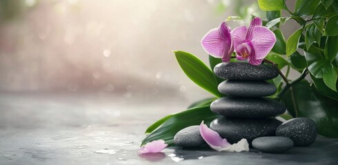 Zen Stones with Orchid and Green Leaves on Spa Table, Banner Background for Wellness Concept, Relaxation Therapy, and Body Care with Copy Space