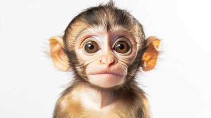 Close-up of a young monkey with large expressive eyes and soft fur, set against a plain white background.