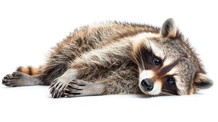 Obraz premium A raccoon with black eyes and a black nose lies on its belly with its paws tucked under its chest, isolated on a white background.