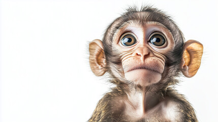 Adorable baby monkey with expressive eyes and soft fur against a white background, showcasing innocence and curiosity.