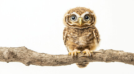 Fototapeta premium A cute, wide-eyed baby owl perched on a branch against a white background, showcasing its fluffy brown and white plumage.