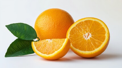 Fototapeta premium A Whole Orange with a Slice and a Half and Green Leaves on a White Background, Fruit, Citrus, Vitamin C