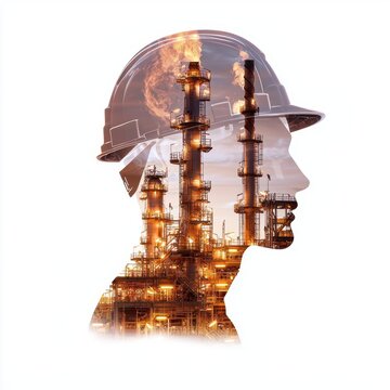 recommend clip art: Double exposure featuring a worker s silhouette filled with an oil refinery s complex structure, representing progress and human ingenuity