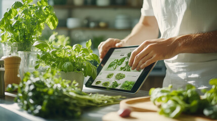 A person uses a tablet to follow a recipe or guide for herbs while cooking in a kitchen filled with fresh greens.