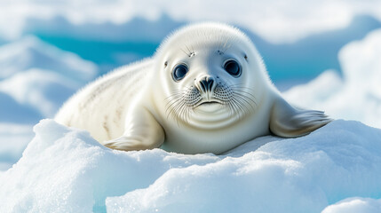 A close-up of a baby seal pup with large eyes and soft fur resting on an ice floe, set against a backdrop of glistening snow and clear blue skies.