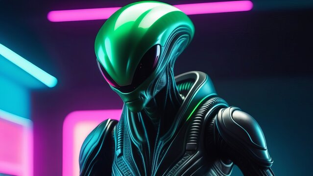 Futuristic alien in neon cyberpunk environment