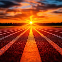 Sunset over a running track, illuminated by the warm glow of the setting sun, symbolizing hope and new beginnings in a tranquil scene