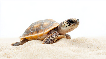 Obraz premium A close-up of a young sea turtle on a sandy beach, showcasing its detailed shell and flippers under natural light.