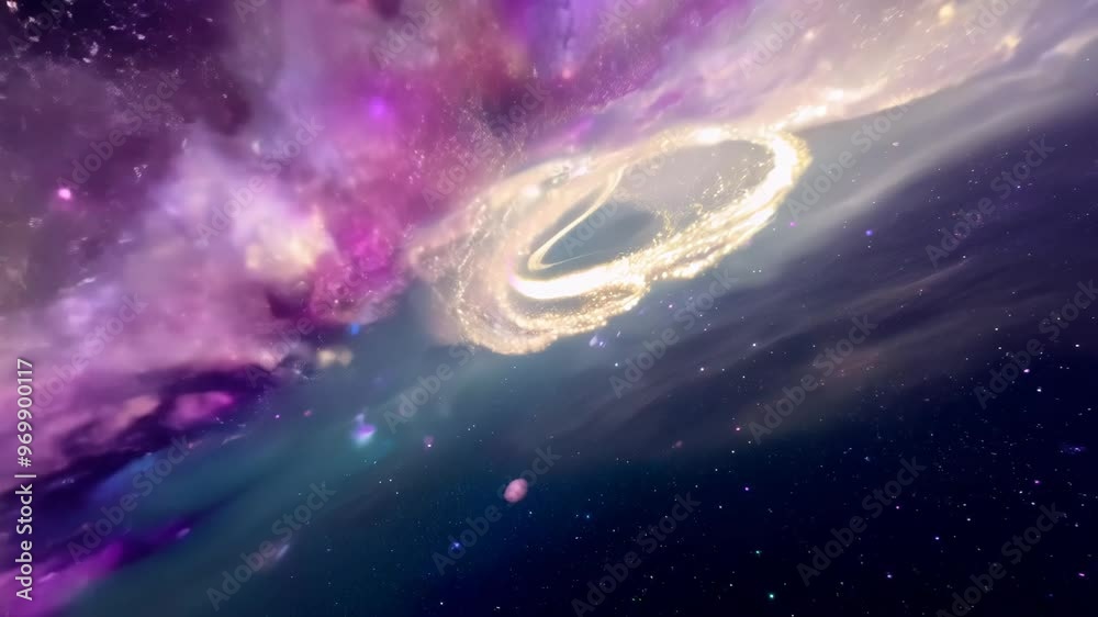 Poster flight through the galaxy with spreading nebula clouds, shiny stars and constellations