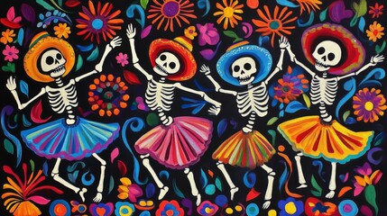 Obraz premium Four Skeletons Dancing in Colorful Skirts and Hats