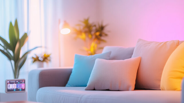 A cozy, well-lit living room with colorful cushions on a sofa, houseplants, and a digital clock displayed on a sleek side table. - Powered by Adobe