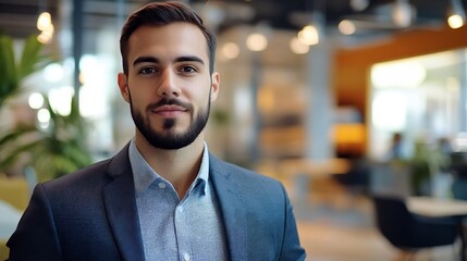 Fototapeta premium Confident young businessman in a blue suit standing in an office setting looking directly at the camera.