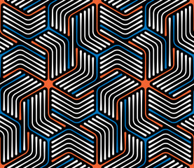 Seamless repeating pattern with striped white hexagons on a black color background. Modern ethnic style. Thin curved lines. Abstract geometric vector illustration.