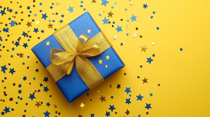 Blue Gift Box with Gold Ribbon and Stars on Yellow Background, gift, party, celebration, birthday