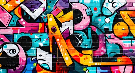 Obraz premium Colorful graffiti on building brick wall. Street art paintings.