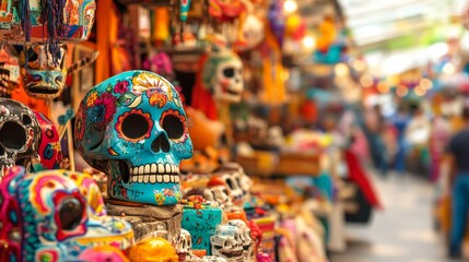 Fototapeta premium Colorful Sugar Skulls on Display at a Mexican Market