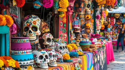 Fototapeta premium Colorful Decorated Skulls and Flowers at a Mexican Market Stall