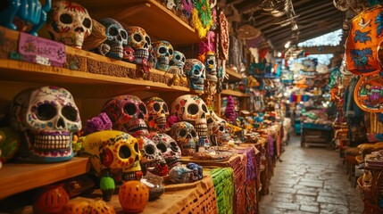 Colorful Decorated Skulls Displayed on Wooden Shelves in a Market Stall