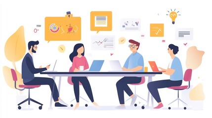 Four colleagues working together at a desk, using laptops, and discussing business ideas with charts and graphs around them.