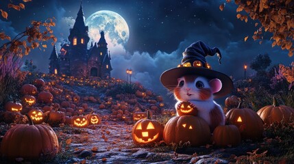Fototapeta premium Cute Hamster in Witch Hat with Jack-o-Lanterns.