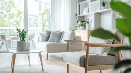 Fototapeta premium Bright and modern living room with minimalist decor, featuring a cozy armchair, round coffee table, and natural light through large windows.