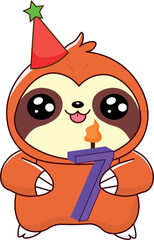 cute sloth holding birthday candle, with number 7