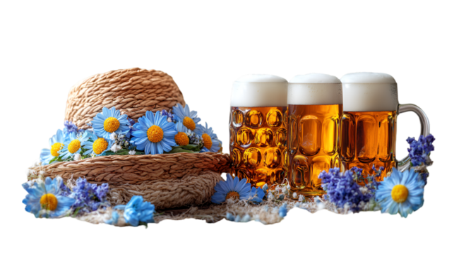 a group of glasses of beer and a hat. 