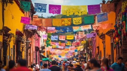 Obraz premium Colorful Paper Flags Decorating a Street in Mexico