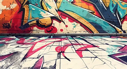 Colorful graffiti on building brick wall. Street art paintings.