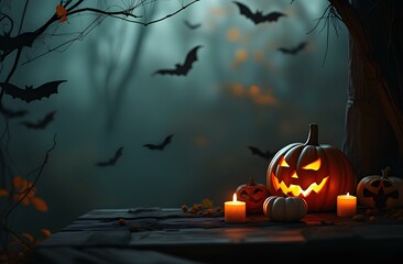 On the left there is free space for text, on the right there is a web, bats, a pumpkin, a witch's hat, candles, all in the Halloween style
